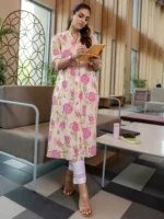 Pink Printed Cotton Blend Straight Kurta